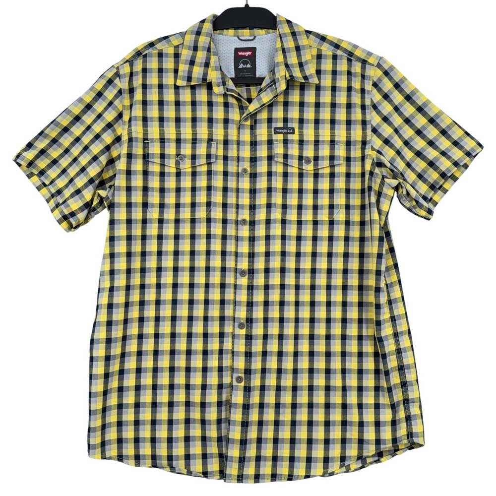 Wrangler Plaid Button Down Mens L Cotton Blend Yellow Black Short Sleeve
